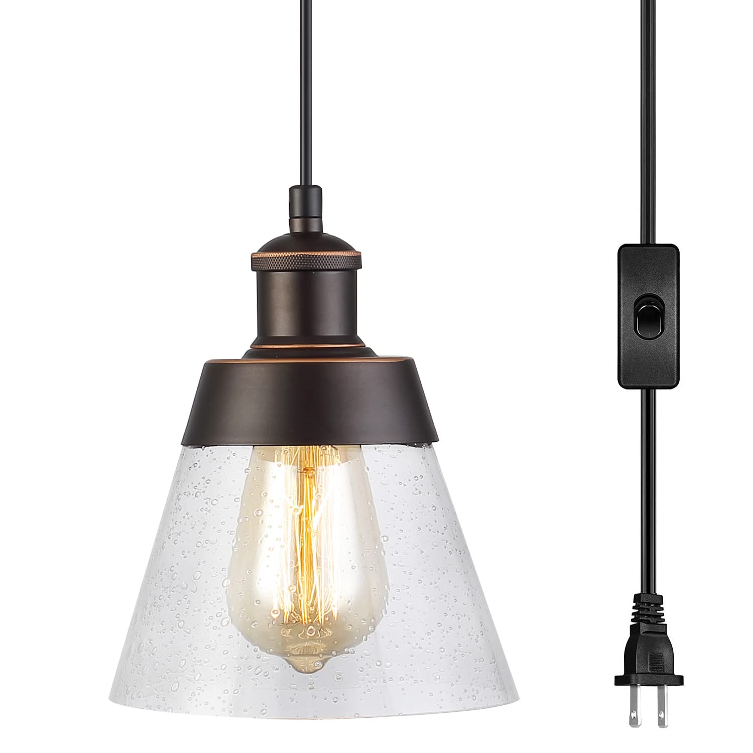 Fivess Lighting Rustic Glass Pendant Light, Mini Size, Handblown Clear Seeded, 15ft Cord, On/Off Switch, Oil Rubbed Bronze, Model FSS3203-1