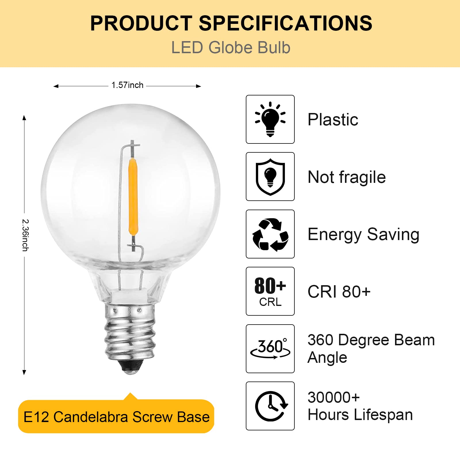 G40 Led Replacement Light Bulbs, E12 Led Candelabra Bulb Shatterproof Globe Light Bulbs For Outdoor String Lights 0.6W Chandelie