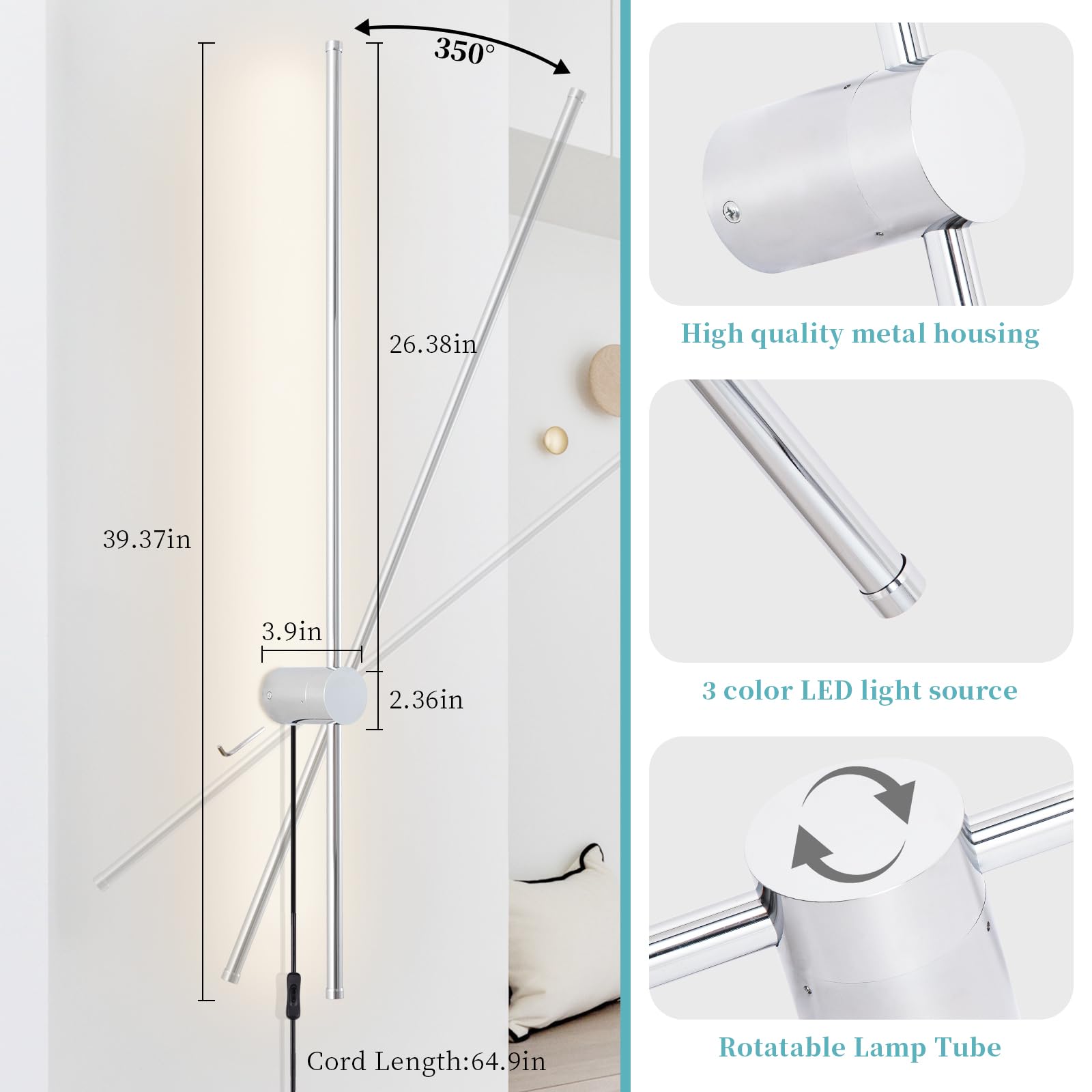Keluoly Dimmable Plug In Wall Sconce Set Of 2, Chrome 39.37" Led Wall Light With Remote, Adjustable Color Temperature Brightness Wall Lamp With Timer For Living Room,Bedroom And Accent Lighting