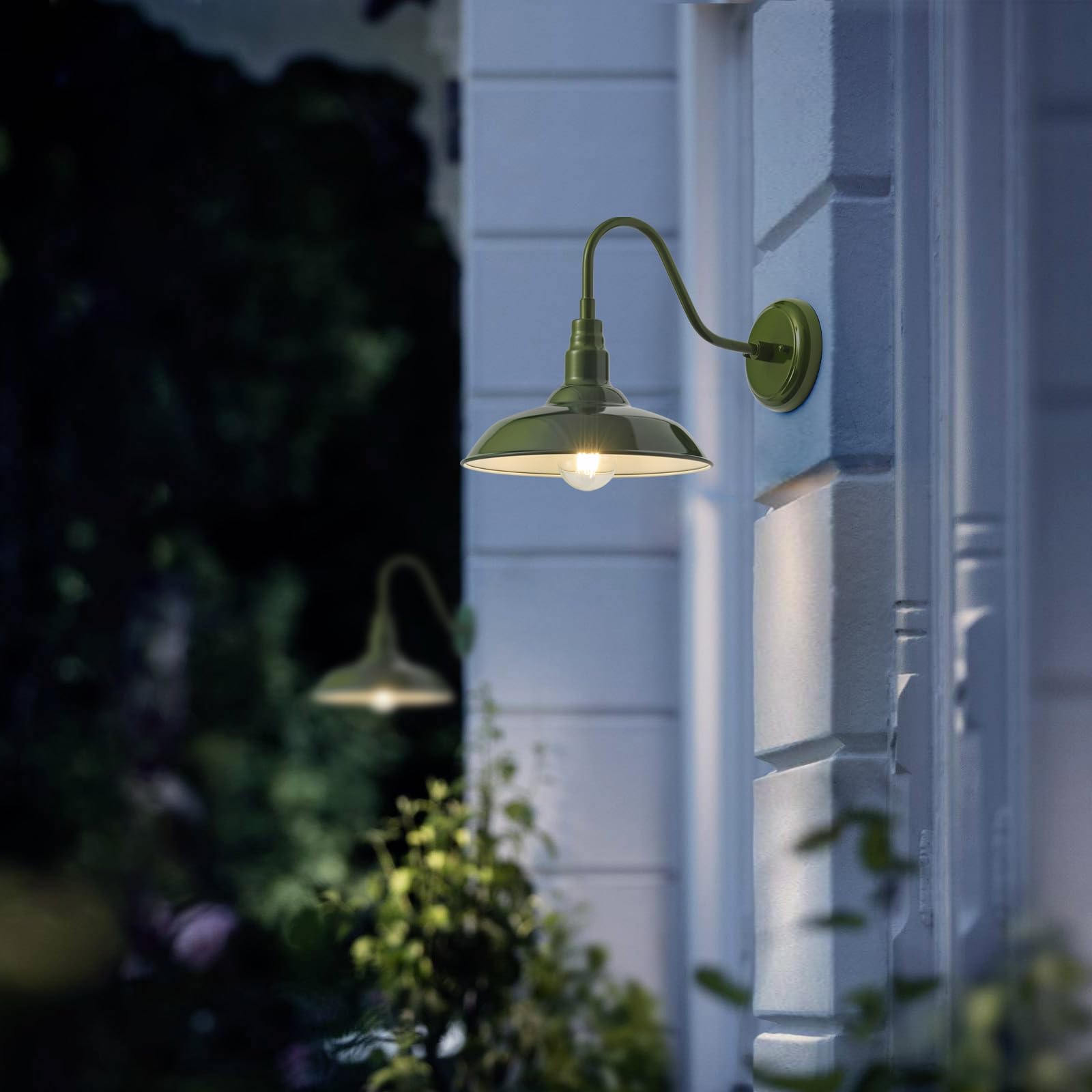 GOALPLUS Gooseneck Wall Light Fixture, 14in Dome, Olive Green, Metal, Model LM2202-AG, Outdoor Barn Style Sconce for Porch, Garage, House