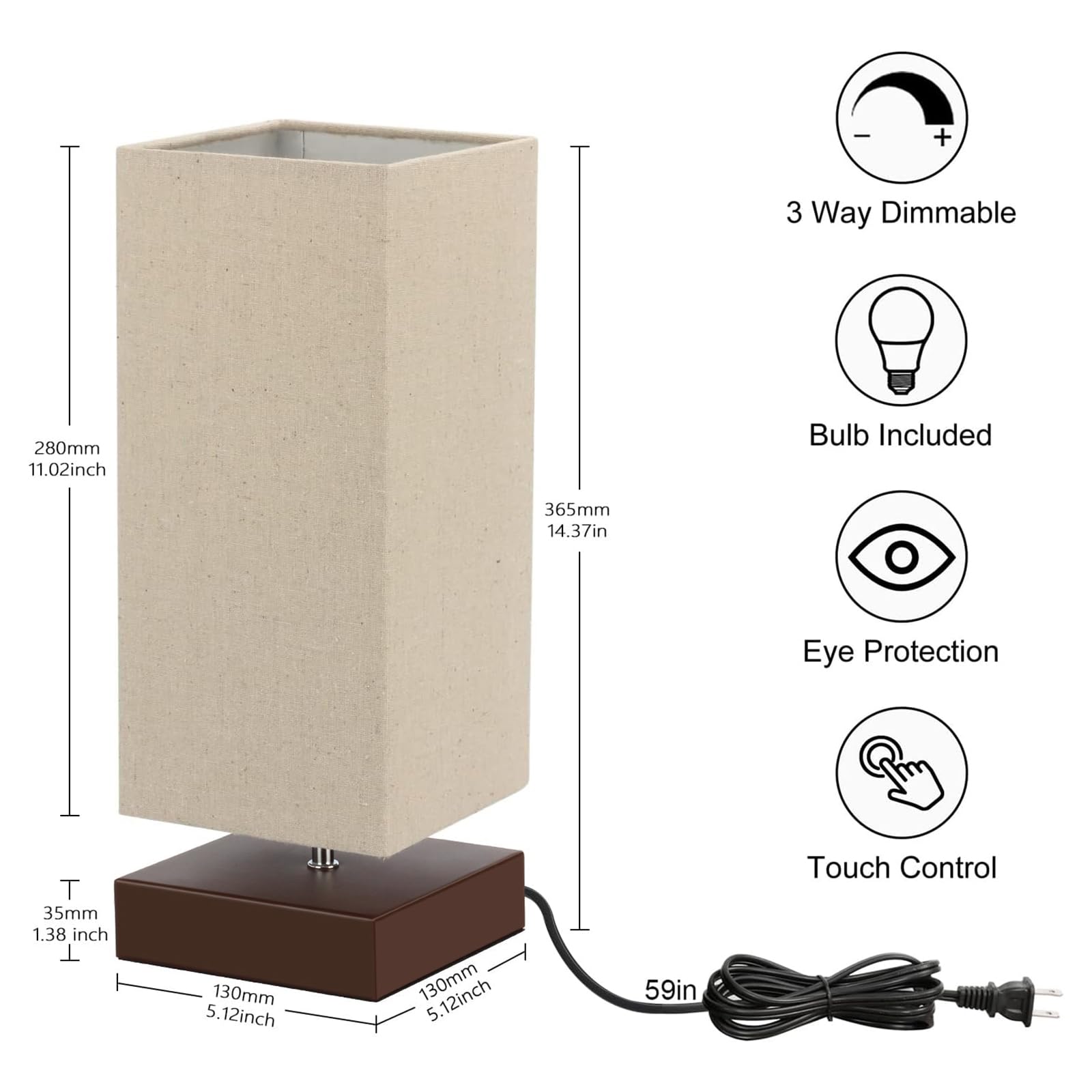 Seaside Village Touch Control Table Lamp, 3-Way Dimmable, 5.12"x5.12"x14.37", Beige Fabric Shade, Metal Base, Model 32143