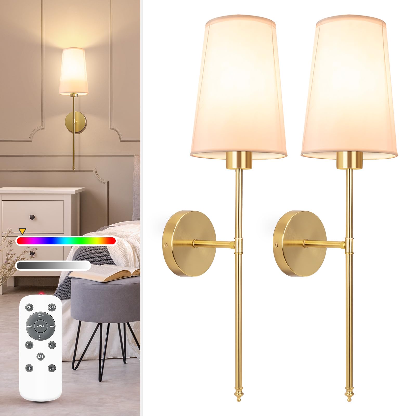 NIORSUN Gold Wall Sconce Set of 2, Rechargeable 5200mAh Dimmable Bulbs, 27 inch, Metal, Model SW015