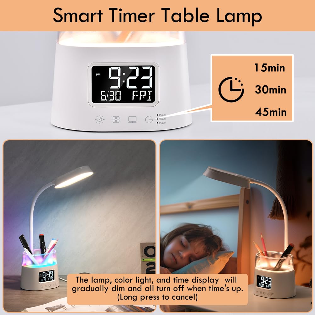 WILIT LED Desk Lamp with USB Charging Port & Clock, White, Model W49A, Pen Holder for Home Office, RGB Night Light for Kids & Students