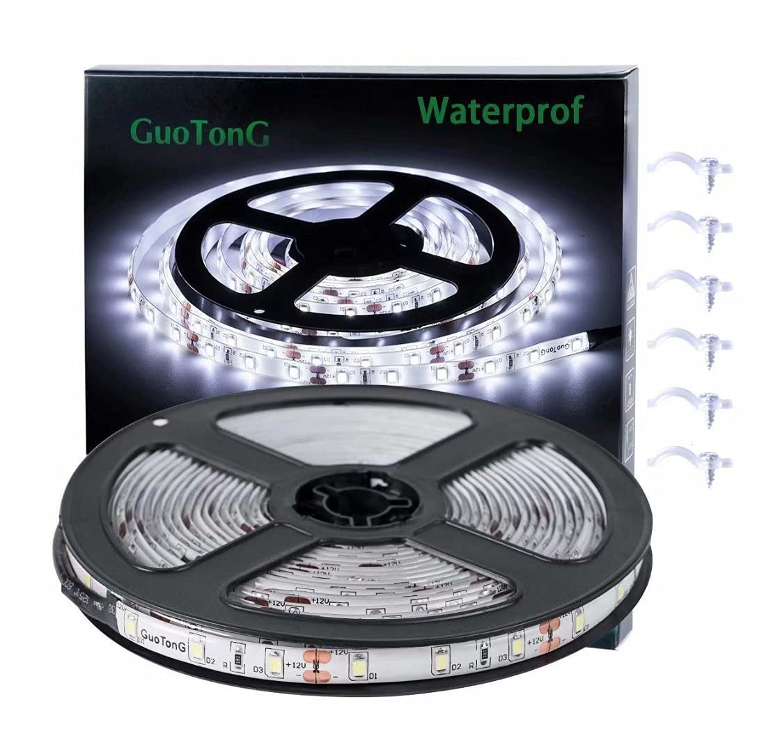 GUOTONG 16.4ft/5m White LED Band Lights  Waterproof & Cuttable 300 SMD 2835 Tape  6000K 12V Flexible Ribbon for Kitchen  Cabinet  Indoor/Outdoor Lighting (No Power Supply)