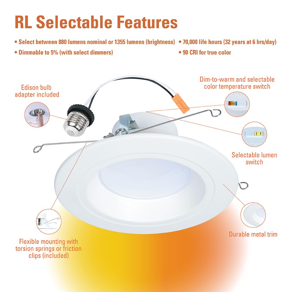 HALO LED Recessed Lighting Retrofit Trim, 5/6-Inch, Selectable Lumens & Color Temp, Model RL56LS9FSD2W1EWH, 5 Color