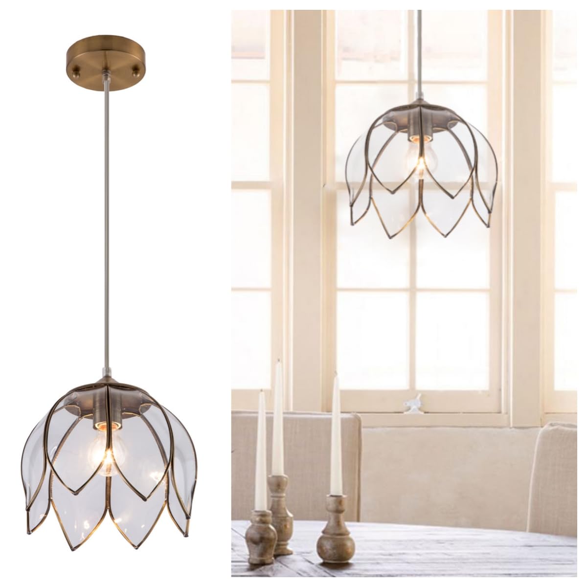 Clear Glass Pendant Lighting, Vintage Oriental Lotus Brass Ceiling Pendant Light Fixture, Modern Flower Hanging Lamp for Kitchen
