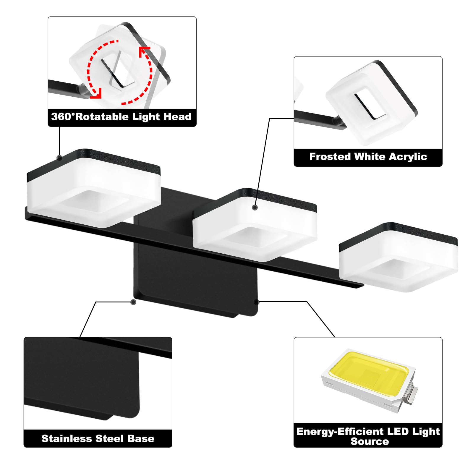 OKELI Modern LED Bathroom Light - Dimmable 3-Light Fixture, 6000K, Chrome, Stainless Steel, Model OKELI-3L-6000K-360R