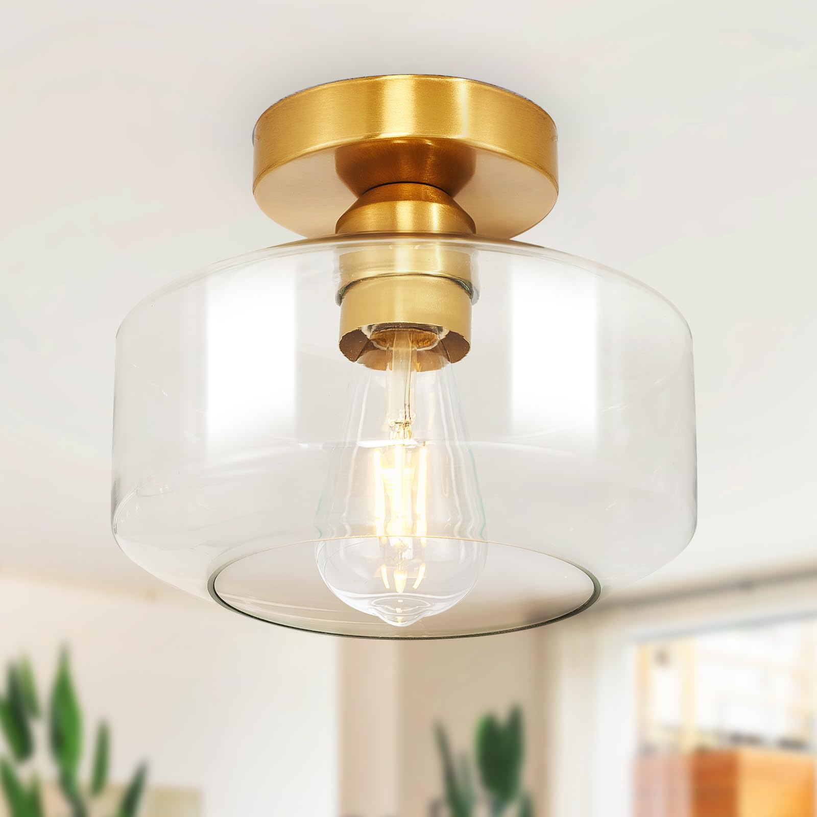 Industrial Semi Flush Mount Ceiling Light: Gold Kitchen Lighting Fixtures Ceiling With Clear Glass - Vintage Hallway Light Fixtu