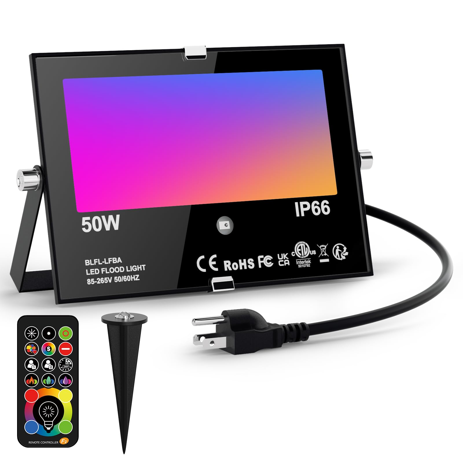 Hydong Led Flood Light - Rgb Color Changing, 500W Equivalent, 5000Lm, Remote Control, Dimmable, Metal, Model Brfl-Flo3