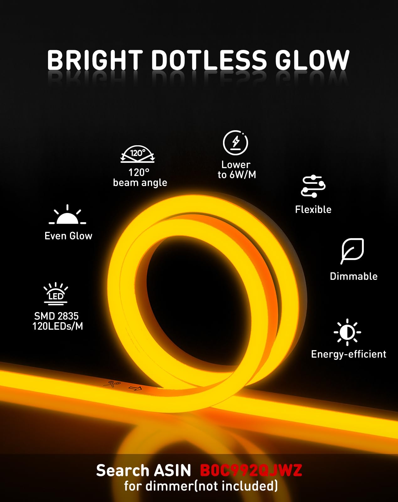Shine Decor LED Neon Rope Lights, 65.6FT Amber Golden Yellow, Waterproof PVC, ETL Plug&Play for Home Commercial Use