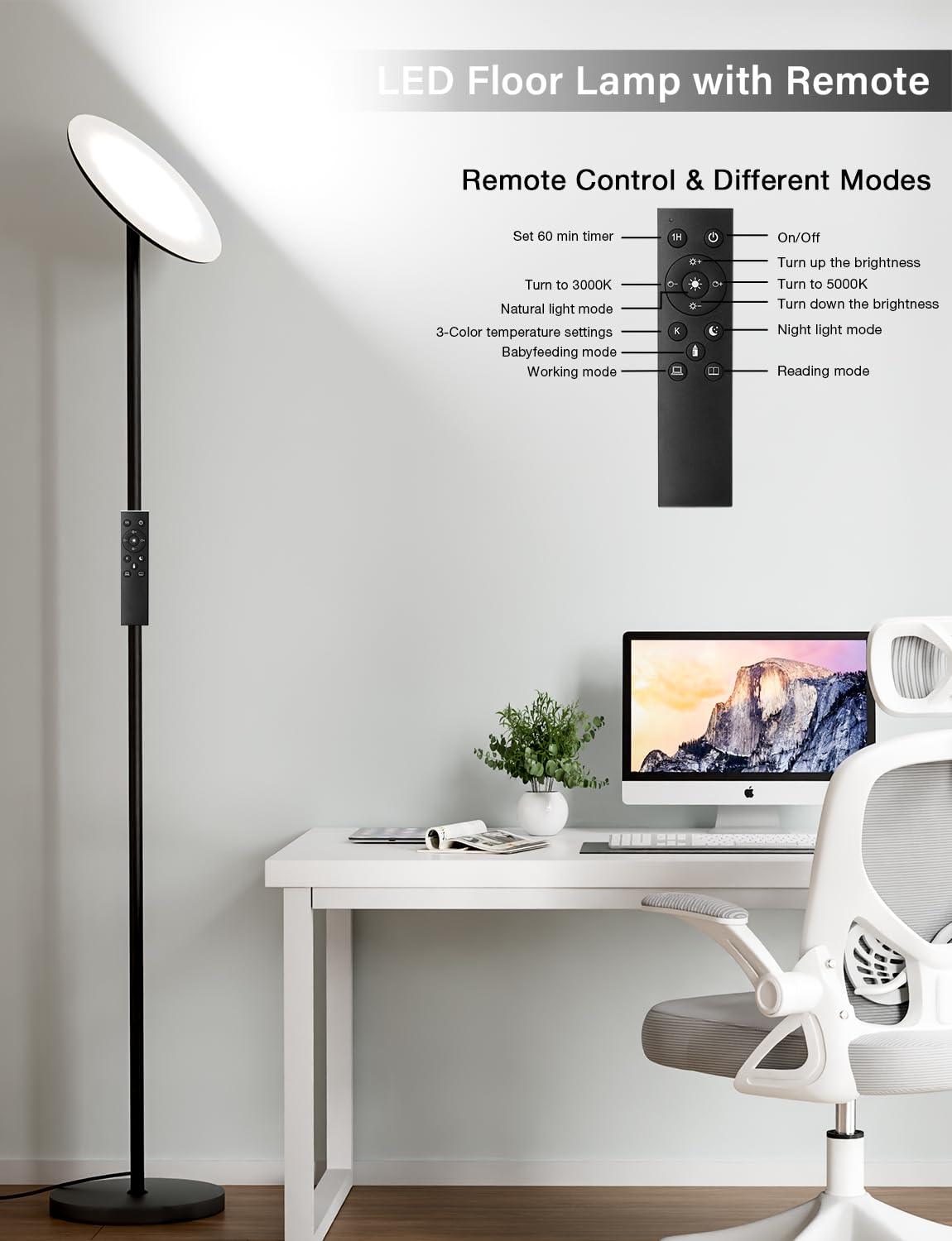 PreeOtti Modern LED Floor Lamp - 40W Dimmable Sky Torchiere, Remote & Touch Control, Large, Black
