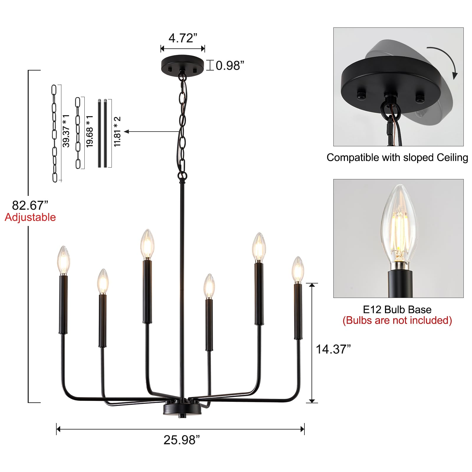 ONESMING Modern Black Chandelier - 6-Light Metal Pendant Light Fixture for Dining Room, Living Room, and Entryway (Bulbs Not Included)