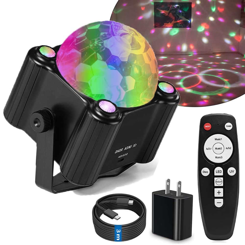 QinGers Disco Ball Lights - Sound Activated LED Stage Strobe Lights, Remote Control, Black, Model EW-02, 7 Colors