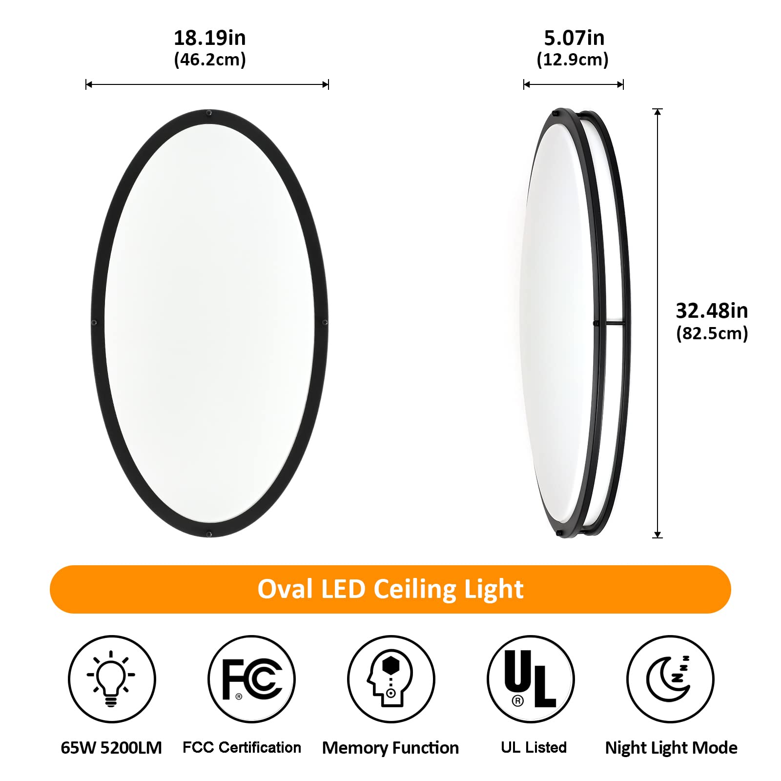 DINGLILIGHTING 65W Dimmable LED Flush Mount Ceiling Light, 32in Oval, Acrylic, Black, Model WS-FPC39-65C-B