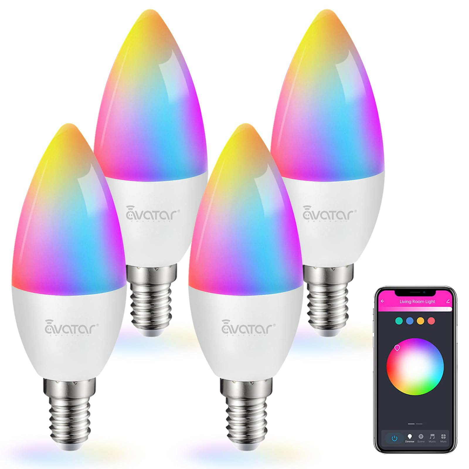 Avatar Controls 4 Pack Wi-Fi Smart Led Light Bulb, Dimmable, E12 Base Candelabra Smart Light Bulbs Color Chnaging Timer Music Sy