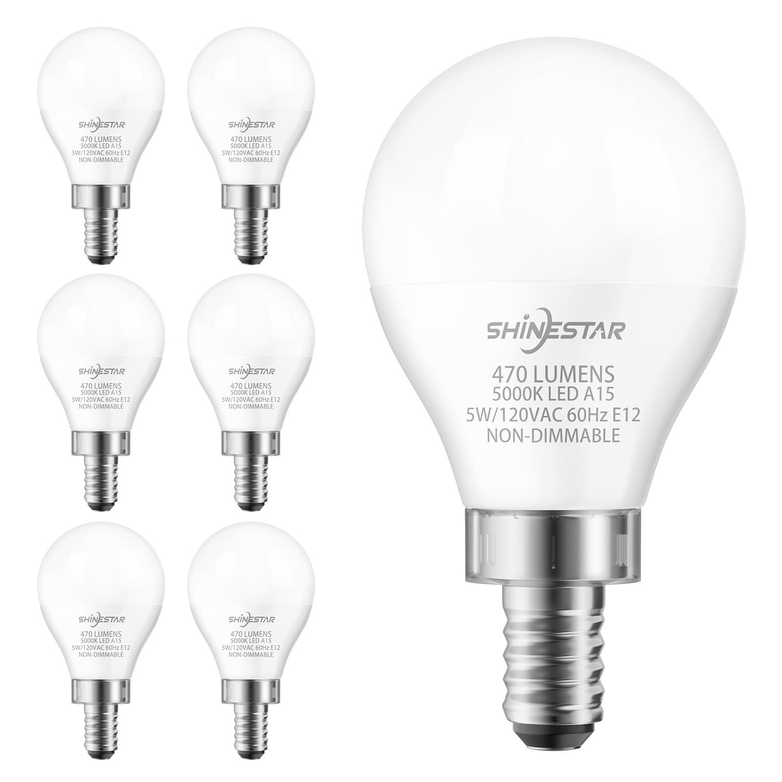 Shinestar 6-Pack Ceiling Fan Light Bulbs, Small Base, 120V 40W Equivalent, 5000K Daylight, E12 Led Candelabra Bulb, A15 Shape, N