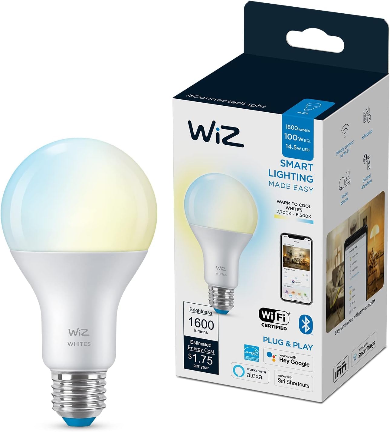 WiZ Connected 100W A21 Tunable White LED Smart Bulb 1-Pack - E26- Indoor - Connects to Your Wi-Fi- Control with Voice or App + A