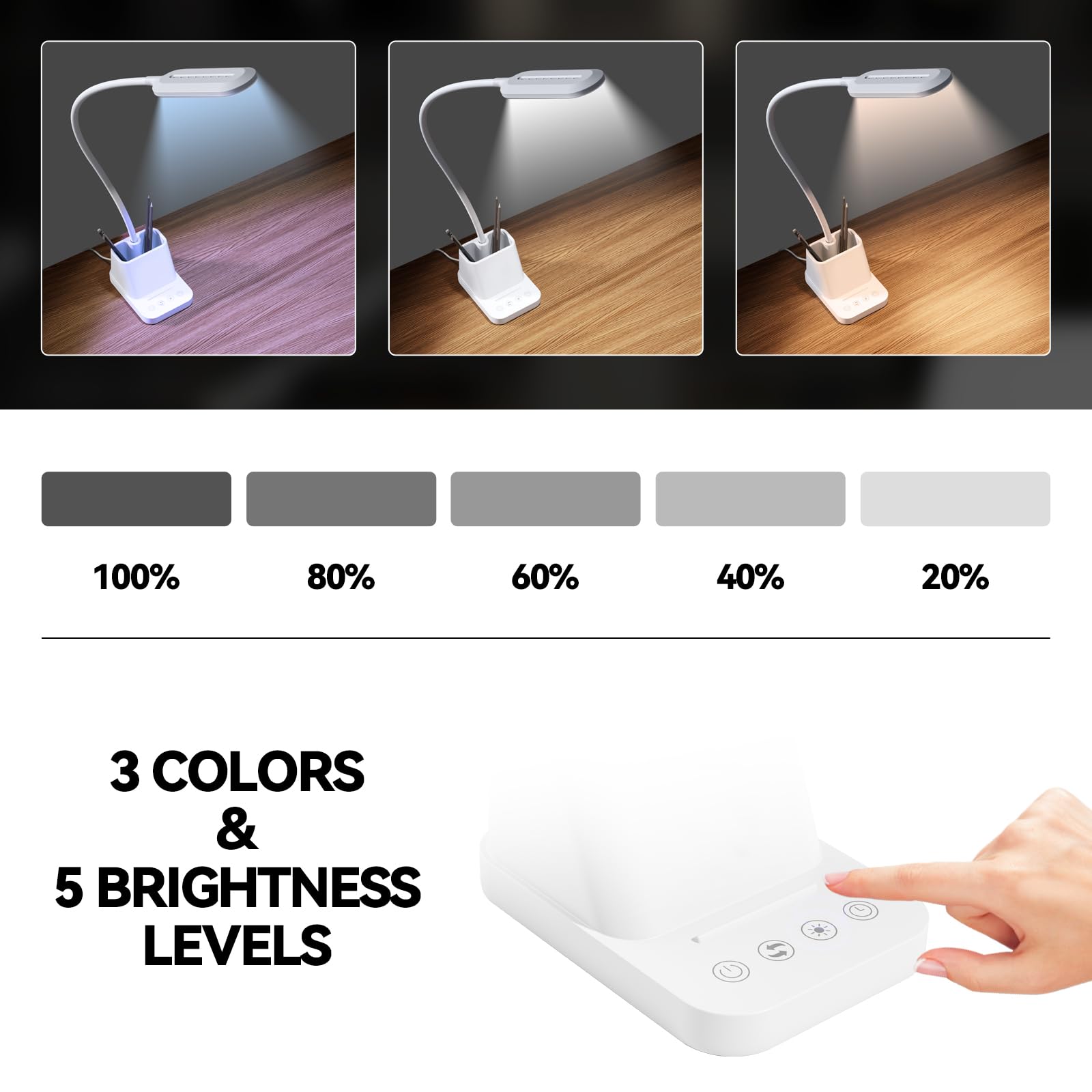 AXX Gooseneck LED Desk Lamp - White, USB Charging, 650LM, Modern Design, Pen Holder, Model TU01