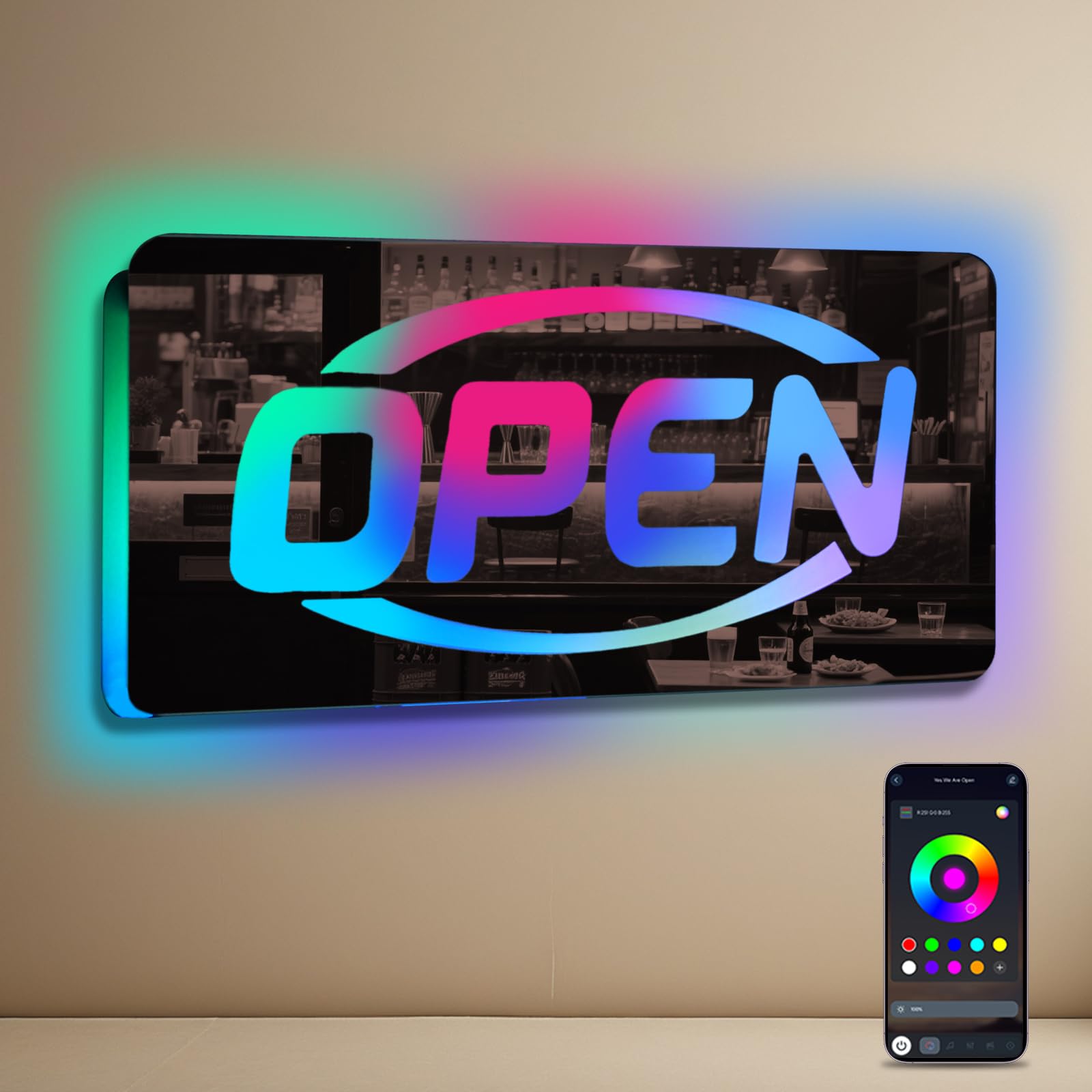 ineonlife Open Neon Sign - Mirrored Colorful LED Light for Business Decor, 14.57 x 6.69 inches, USB Powered