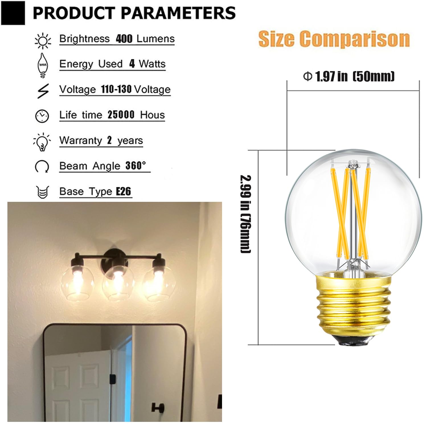Leools Dimmable Wall Sconces - Edison Bulb G16.5, 4W (40W Equivalent), Clear Glass, Soft White 3000K, E26, 6