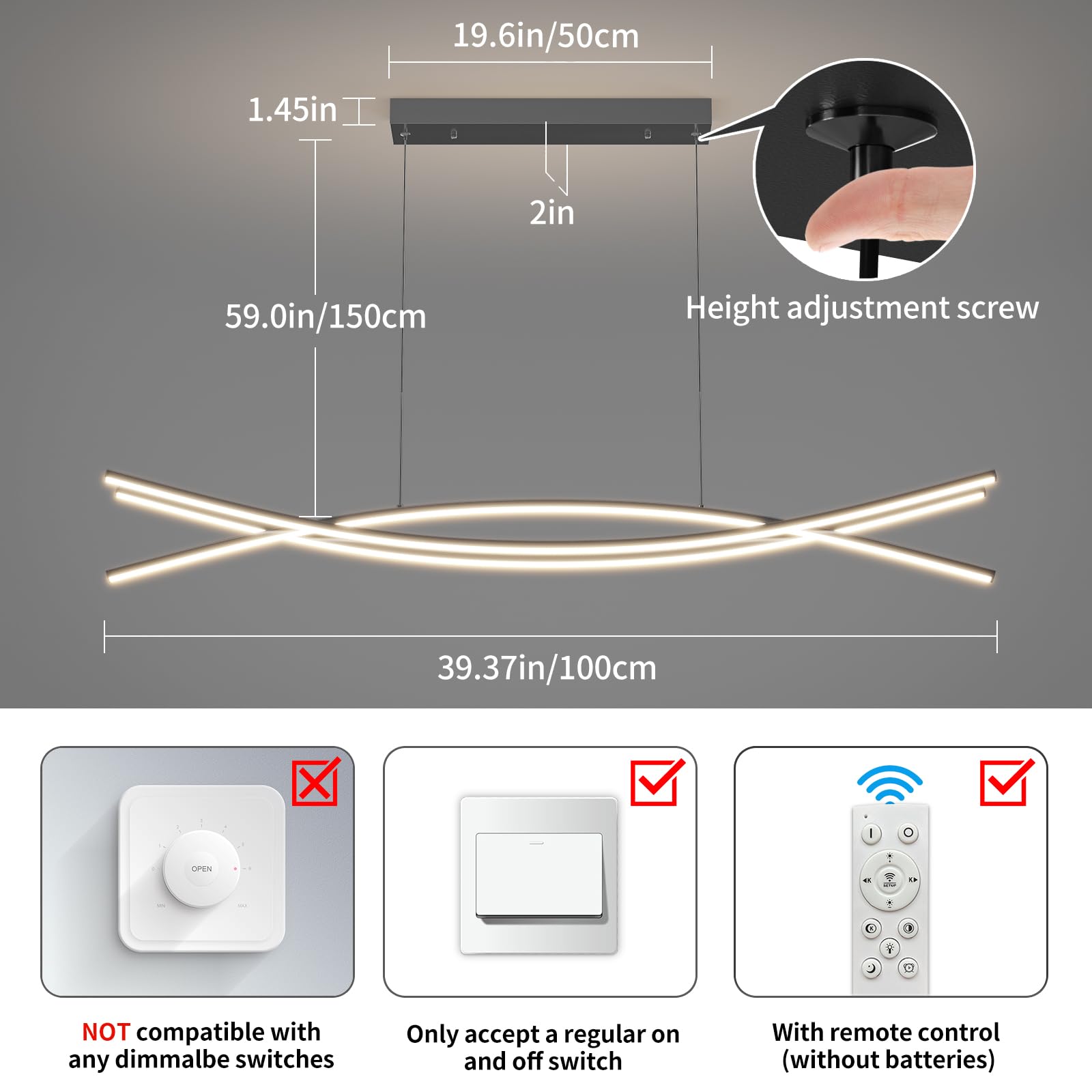 Modern Ceiling Chandelier Light, 39In Pendant Light Fixtures With Remote Control 3000K-6500K Adjustable Color Temperature, Aluminum Island Lighting Lamp For Dining Room, Living Room, Island