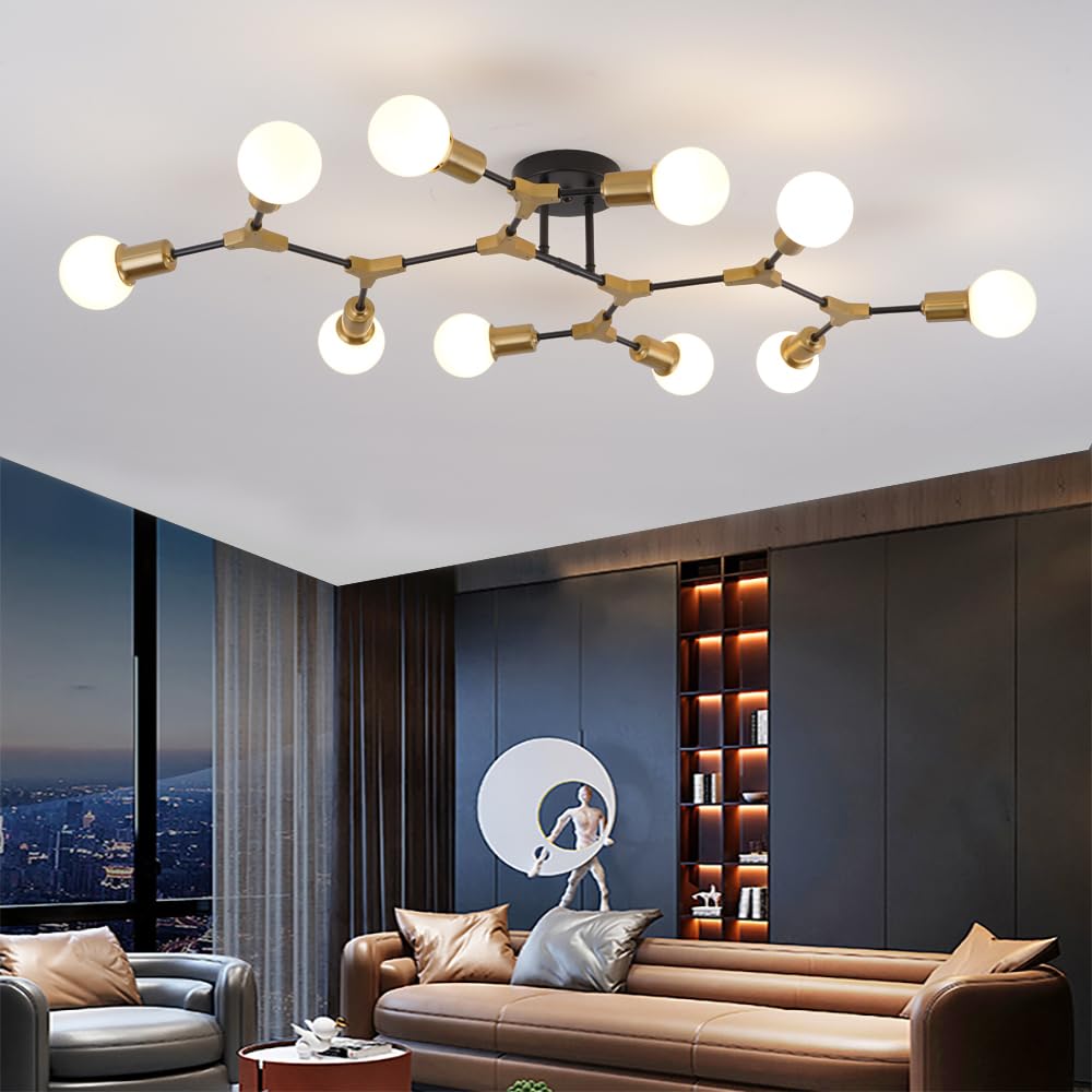 Quoobe Mid Centur Modern 10 Light Semi Flush Mount Ceiling Lighting Fixture For Dining Room Living Room Bedroom Aisle Kitchen Restaurant,Metal Gold And Black Sputnik Chandelier