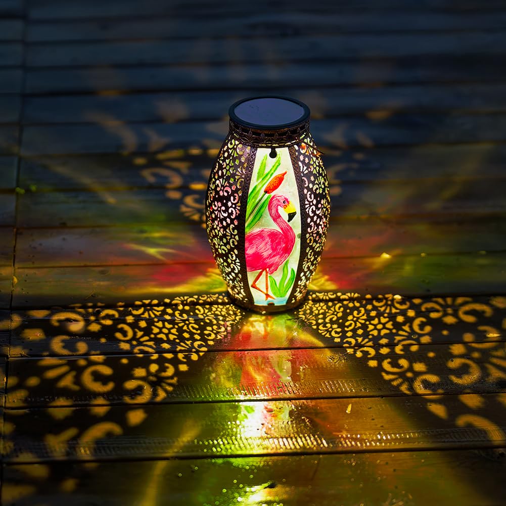 Sunnygarden Flamingo Hanging Solar Lantern Waterproof Outdooor, Metal & Glass Large Solar Lights Garden Table Yard Decor Farmhou