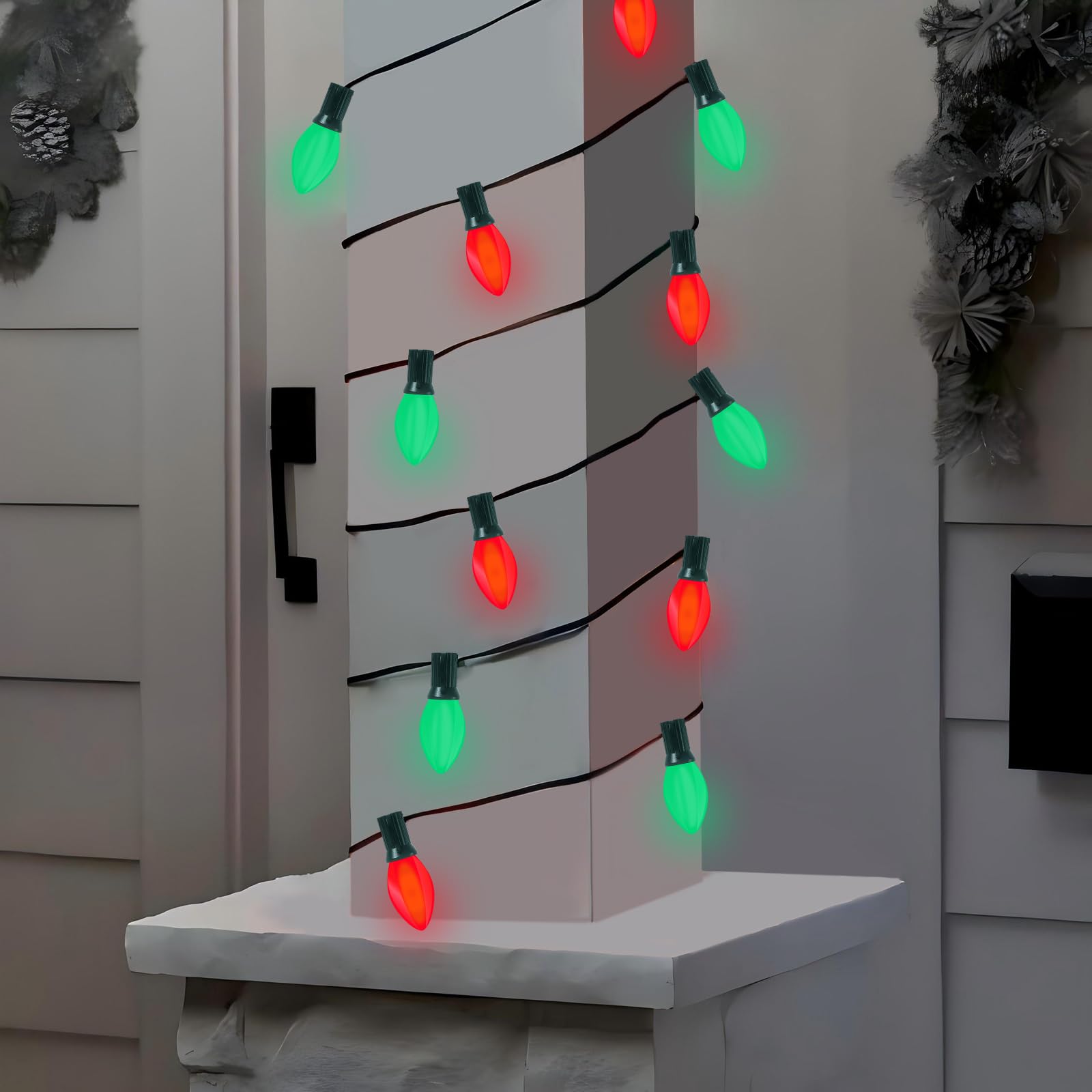 C7 Led Red And Green Christmas Lights, 25Ft Outdoor Christmas String Lights With 27 Led Red And Green Plastic Bulbs, Vintage Chr