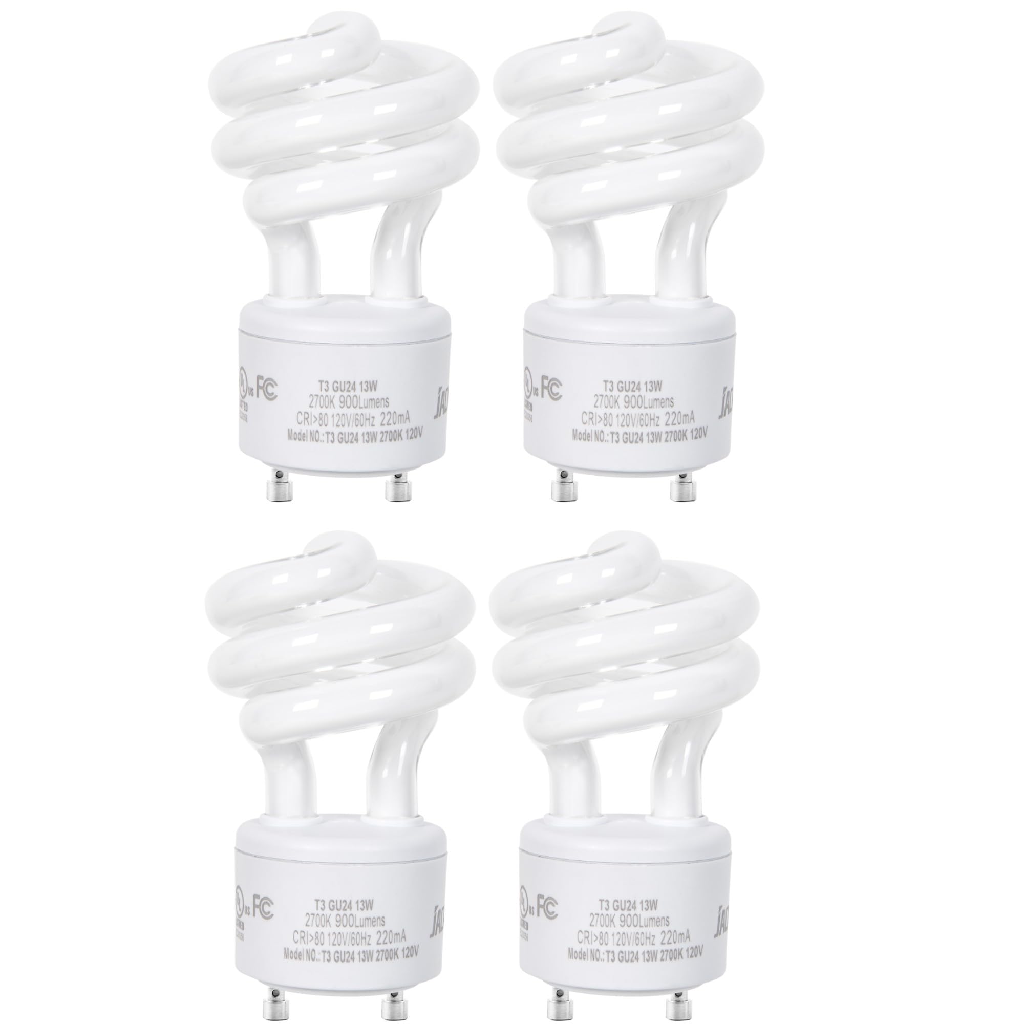 Jackyled Cfl Light Bulbs Energy Efficient Ul T3 13W 2700K 900Lm Spiral Gu24 Base Compact Flourescent Bulbs 4-Pack