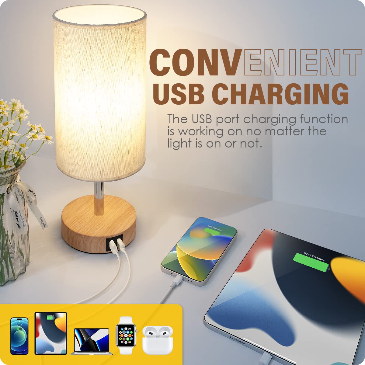 Yarra-Decor Touch Control Bedside Lamps Set of 2 - 3 Way Dimmable, Wood, Linen Shade, USB Port, Model TD001