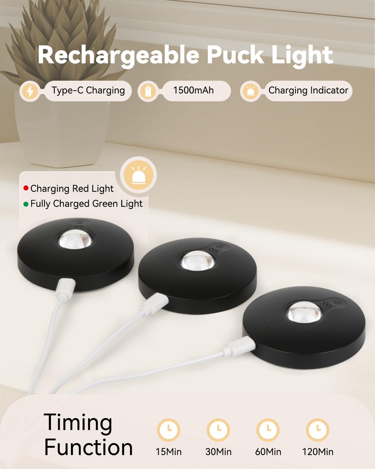 Aokpsrt Rechargeable RGB Puck Lights with Remote Control, 1500mAh Battery Operated Push Lights, Dimmable & Timer Under Cabinet L