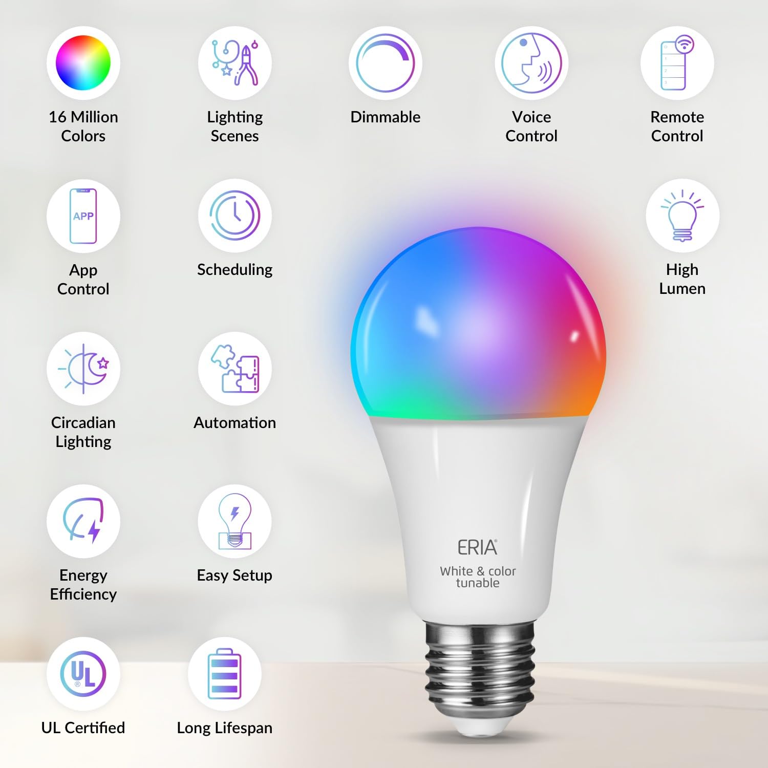 ERIA Smart Light Bulbs A19 ZigBee, Dimmable 75W Equivalent, Extra Bright 2-Pack, Color Changing, Works with Hue, Alexa, Google Assistant