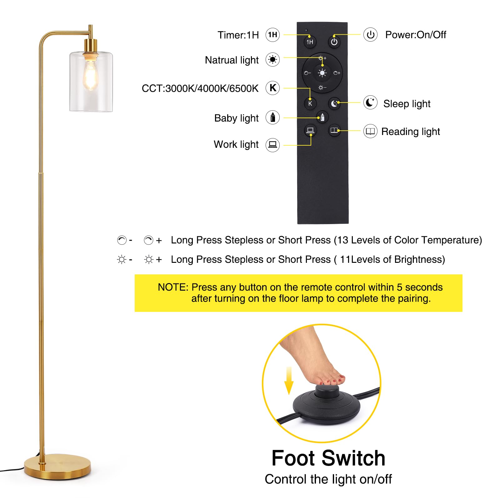 Litake Industrial Floor Lamp, Dimmable Modern Standing Lamp, Gold, Metal, KL-F014(GOLD), with Clear Glass Shade and Remote Control