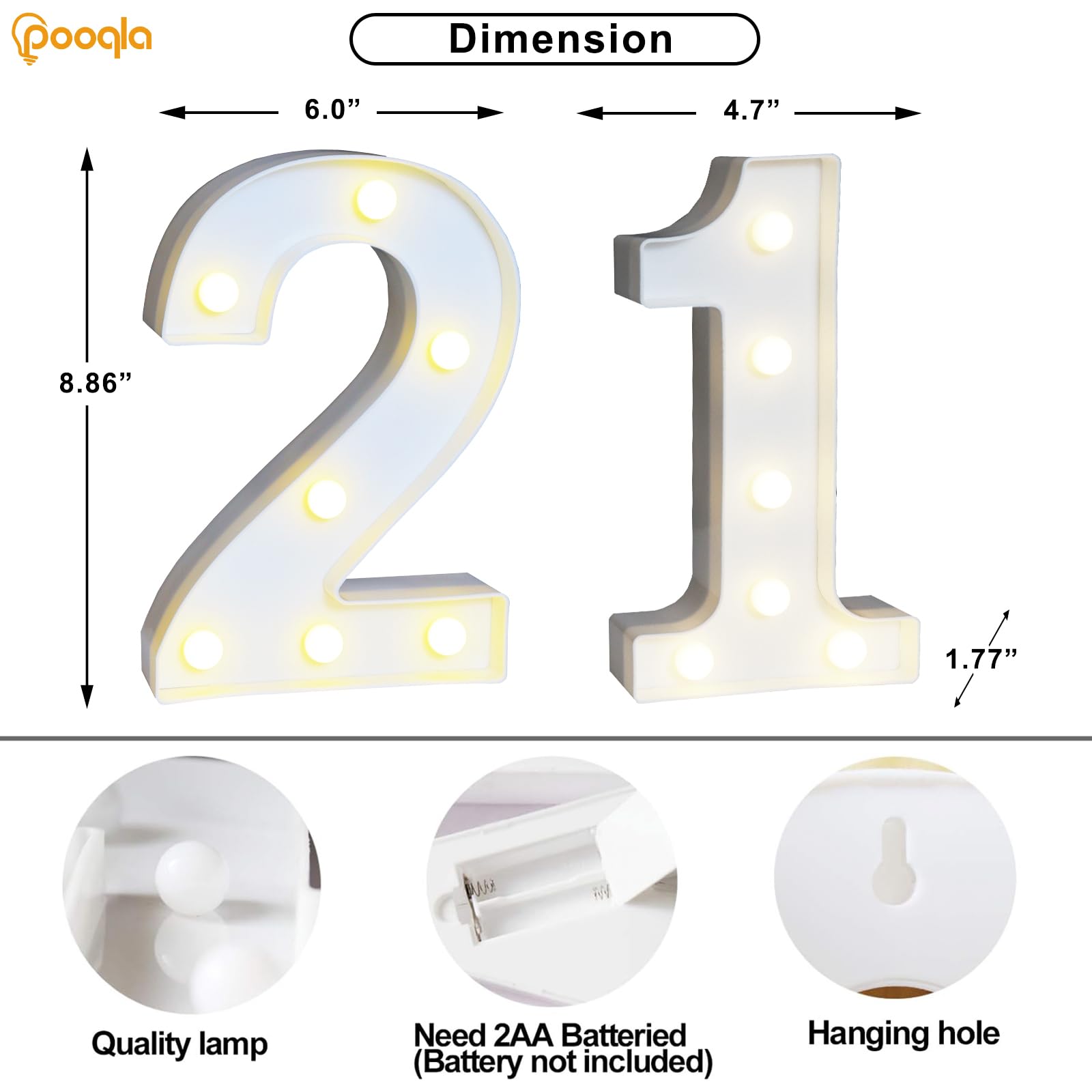 Pooqla LED Light Up Number 21 Sign, Plastic Decorative Marquee for 21st Birthday & Wedding Anniversary, Cool & Warm White