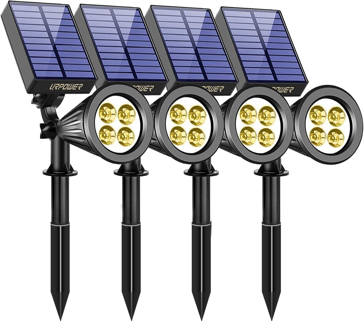 URPOWER Solar Spotlight Outdoor Lighting, 2-in-1 Adjustable, Auto On/Off, Durable Plastic, 4 Pack, Warm White, Model SL10x4