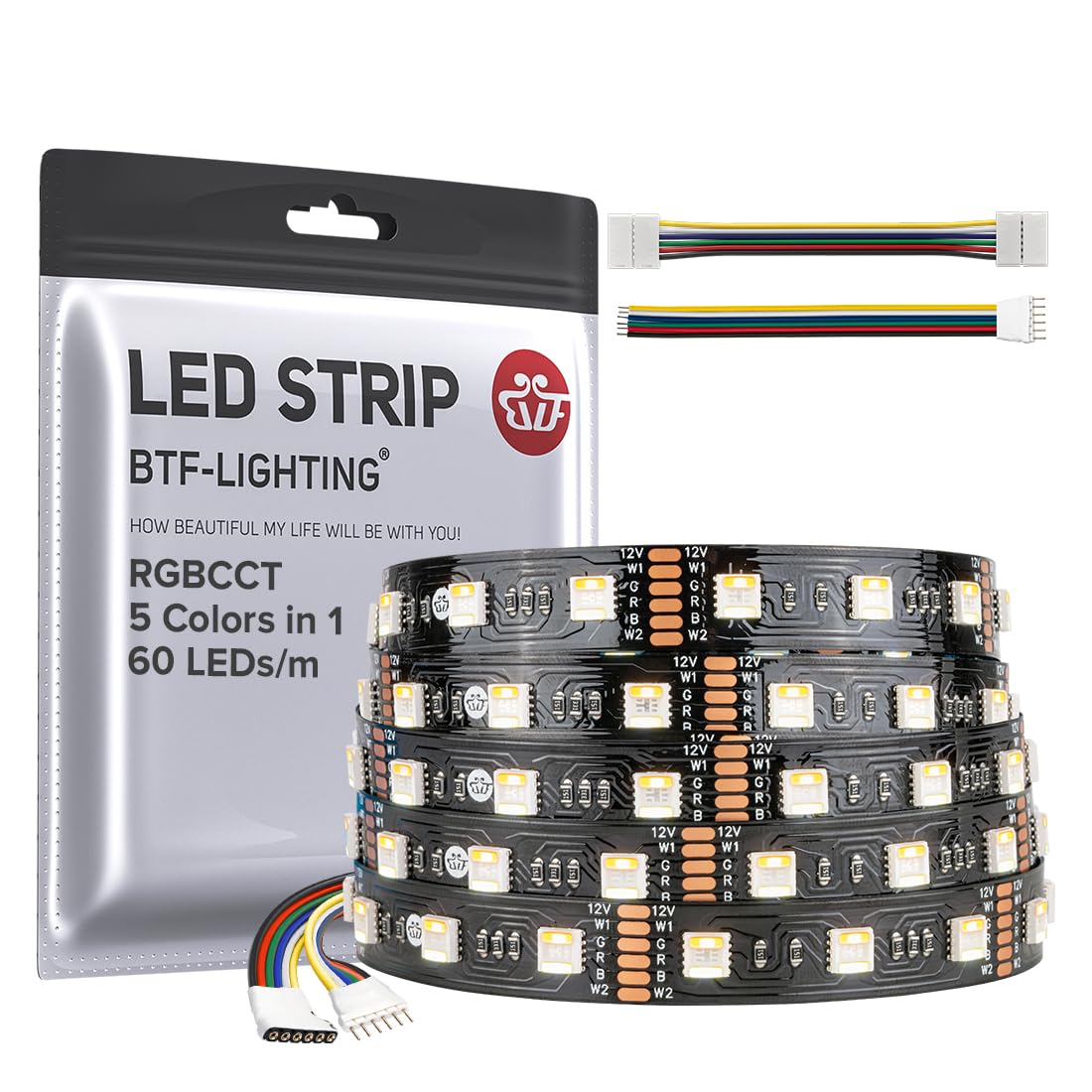 BTF-LIGHTING RGBCCT LED Strip Light, 300 LEDs, 16.4ft, Dimmable, Tunable 2700K-6500K, Black PCB, Model