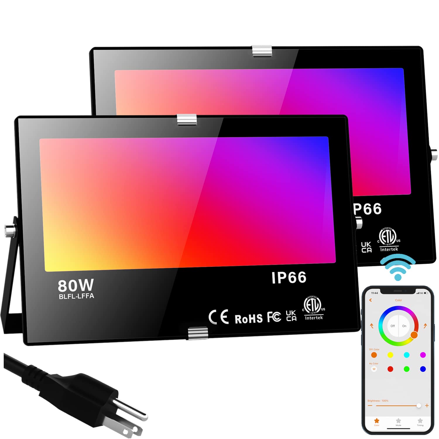 Led Flood Light Outdoor 800W Equivalent, Bluetooth Smart Color Change Landscape Lighting, Diy-Scene+Rgb Colors+Warm White 2700K - App&Group Control & Timing Ip66 Waterproof Us 3-Plug Up Light 2Pack