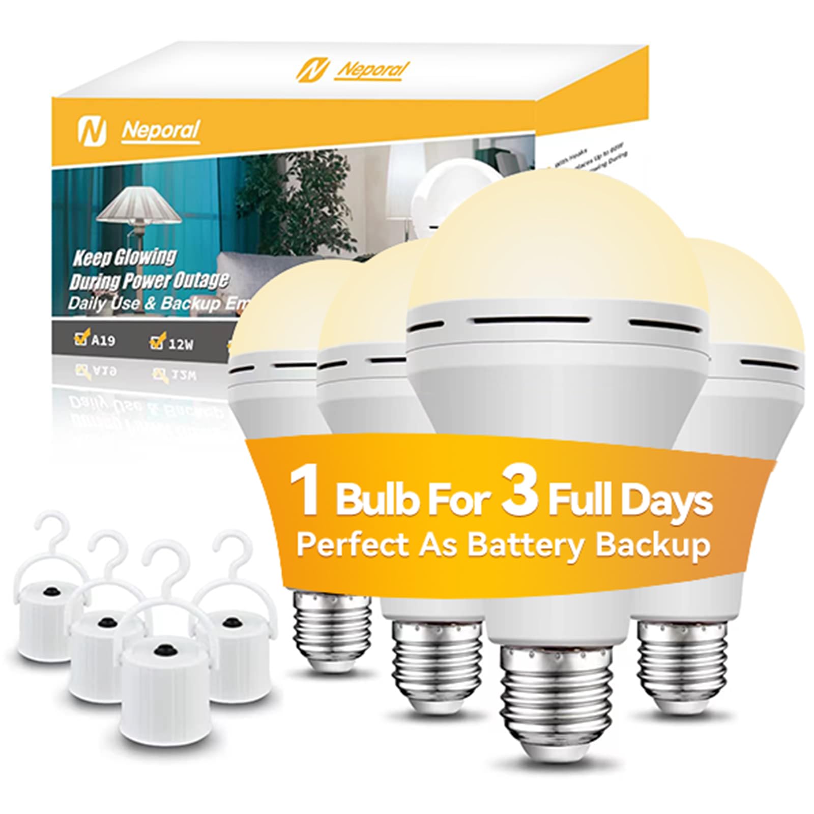 Neporal Rechargeable Light Bulbs, 2600mAh Battery, E26/E27, Soft White, Model QP-15W