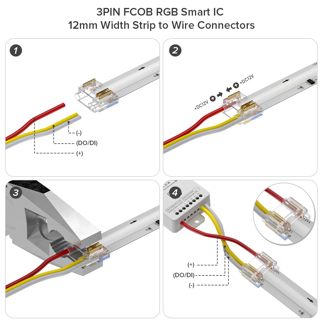 Btf-Lighting Fcob Cob 12Mm 3Pin Connector Kit,L-Shaped,Dual-End With Wire,Strip To Jst,3Pin Jst,Wire To Strip,Gapless Connector