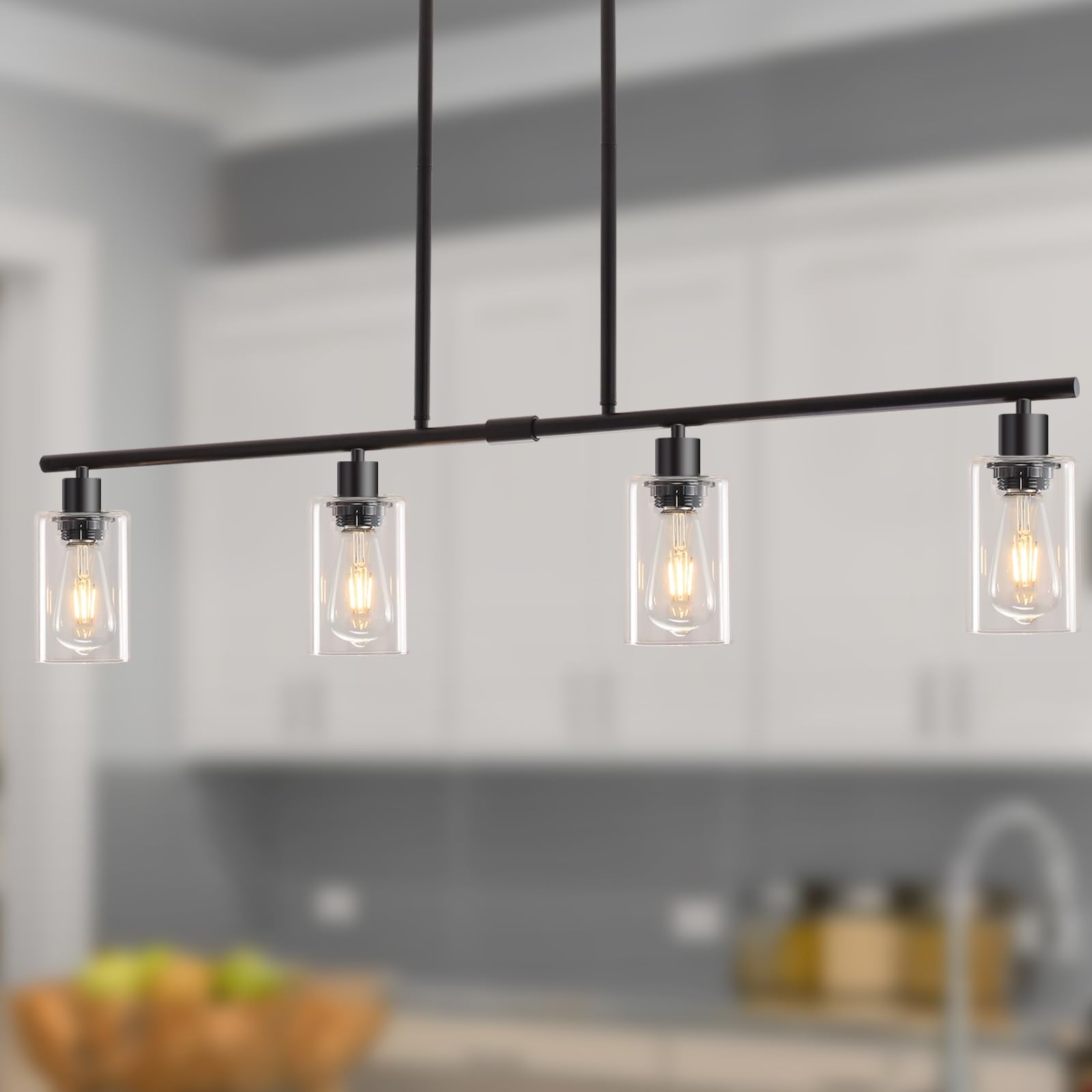 Yarlkav Kitchen Island Lighting, 4 Lights Linear Chandeliers Pendant Light Fixtures For Dining Room Farmhouse Hanging Light With Glass Shades(Black)