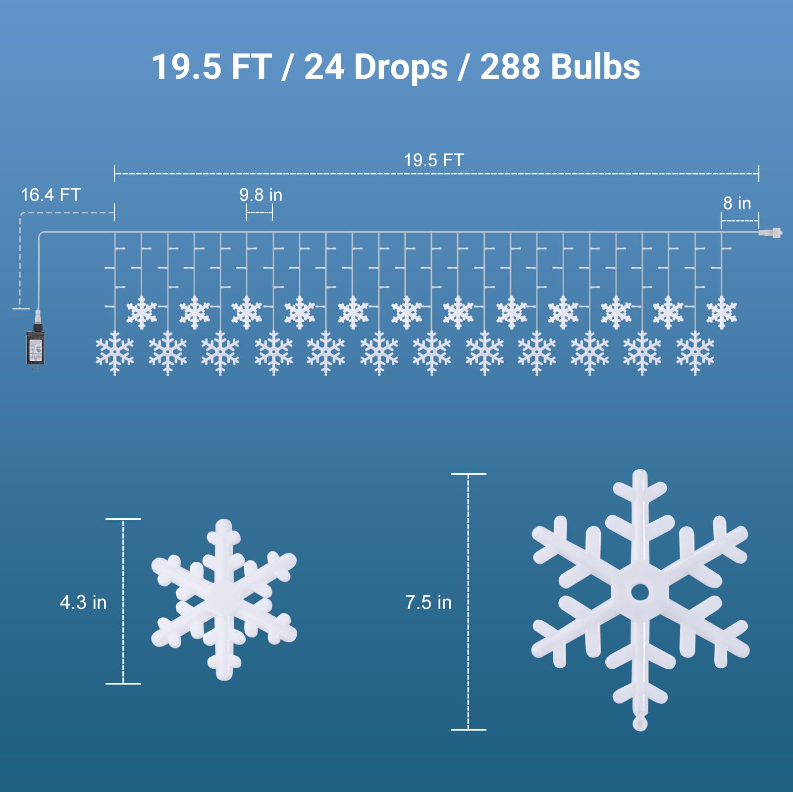 Blue White Snowflake Lights - 19.5Ft 288Led Snowflake String With 24 Drops, 8 Modes, Timer, Ip65 Waterproof, Connectable Outdoor