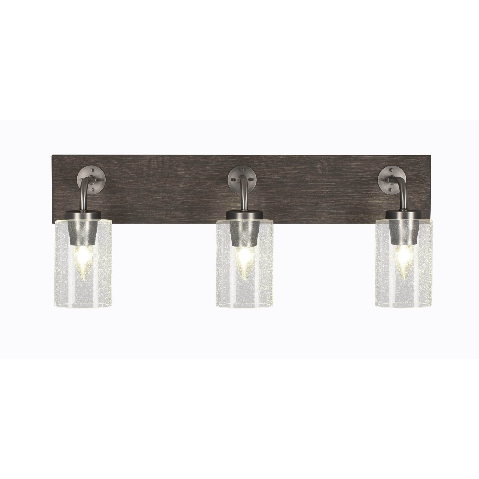 Oxbridge 3 Light Bath Bar In Graphite & Painted Distressed Wood-Look Metal Finish With 4" Clear Bubble Glass