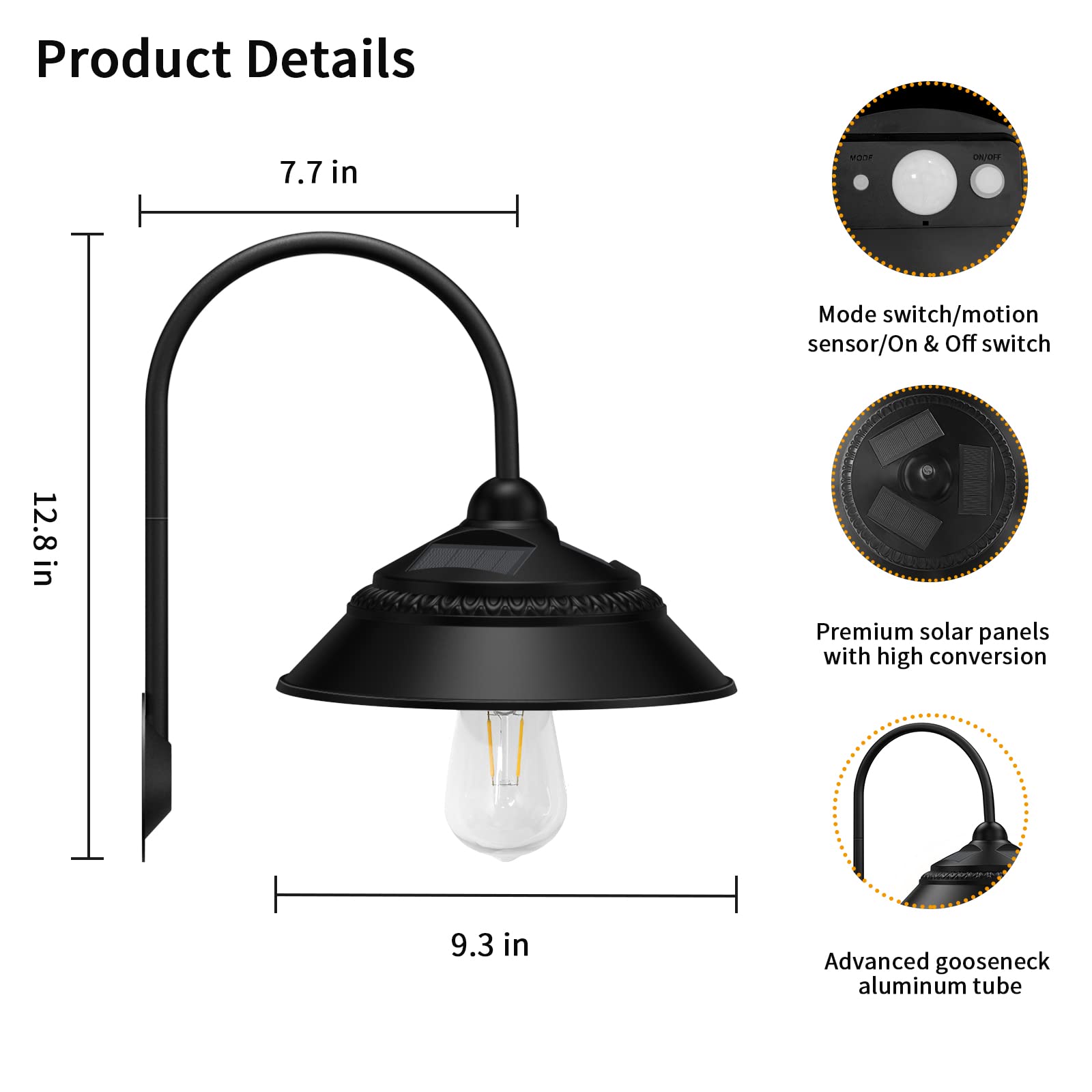 Ufelizor Solar Barn Light - 2 Pack Waterproof Outdoor Sconce with Motion Sensor, 3 Lighting Modes, Aluminum, Black