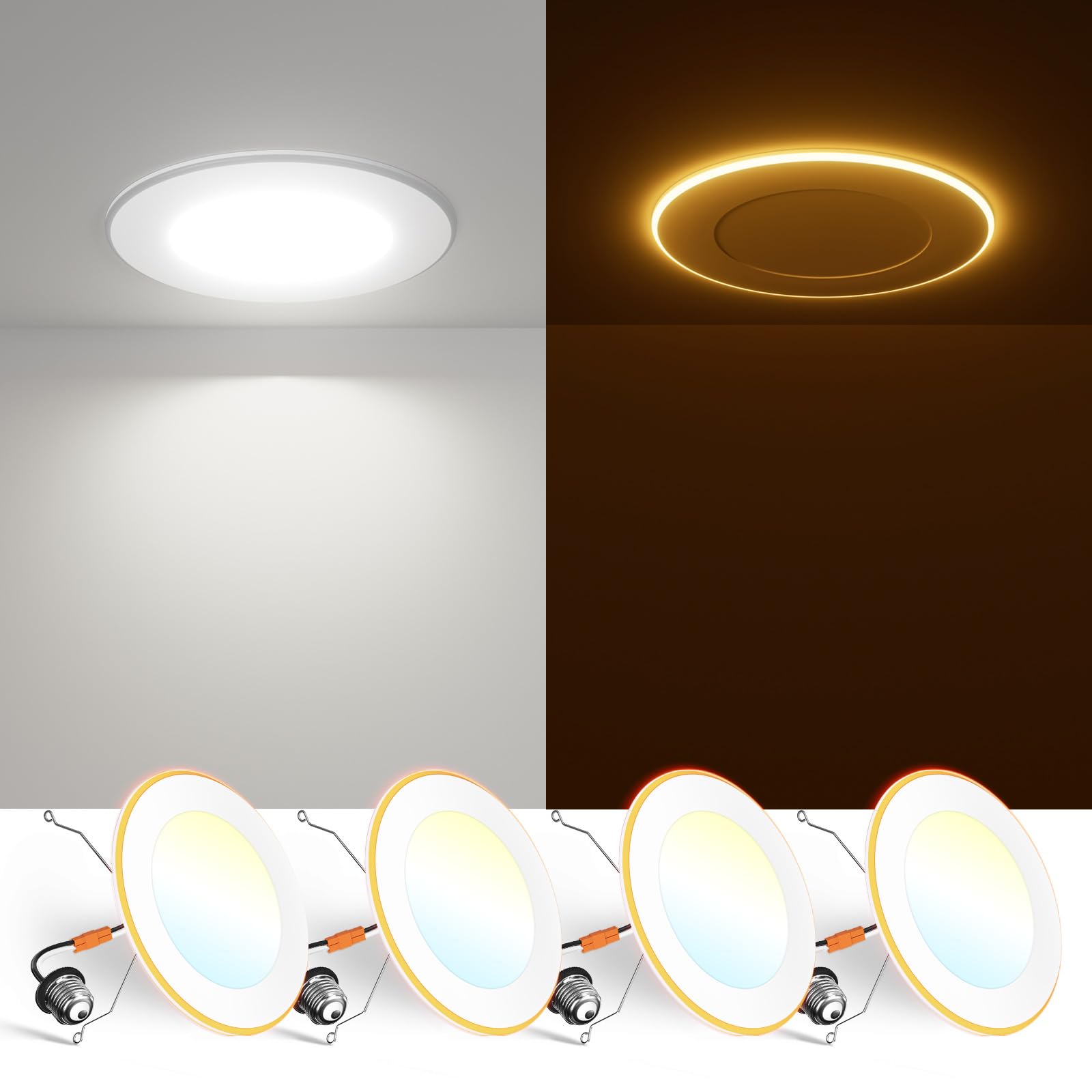 FREELICHT 4 Pack 5/6 Inch 5CCT LED Recessed Can Light with Night Light, 2700K/3000K/4000K/5000K/6000K Selectable Flat Recessed L