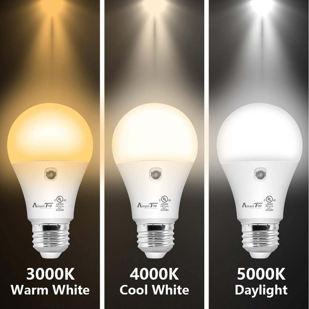 AmeriTop Dusk to Dawn LED Light Bulb 4 Pack, 800 Lumen, 10W (60W Equivalent), E26 Base, 3000K Warm White, Indoor/