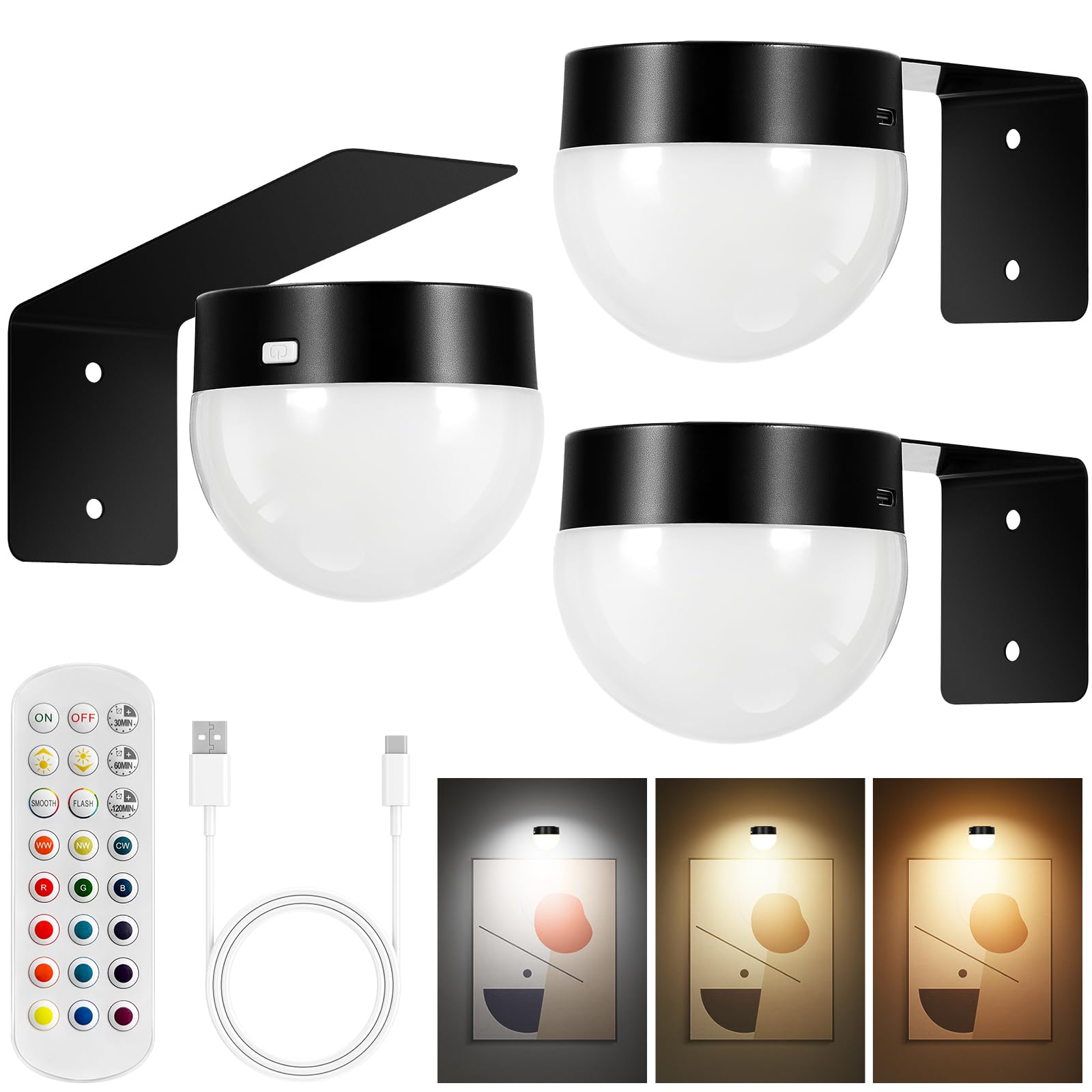 Arixinks 3-Pack Picture Light with Remote Control, Dimmable 300 Lumens, Rechargeable, Plastic, Bulb Color