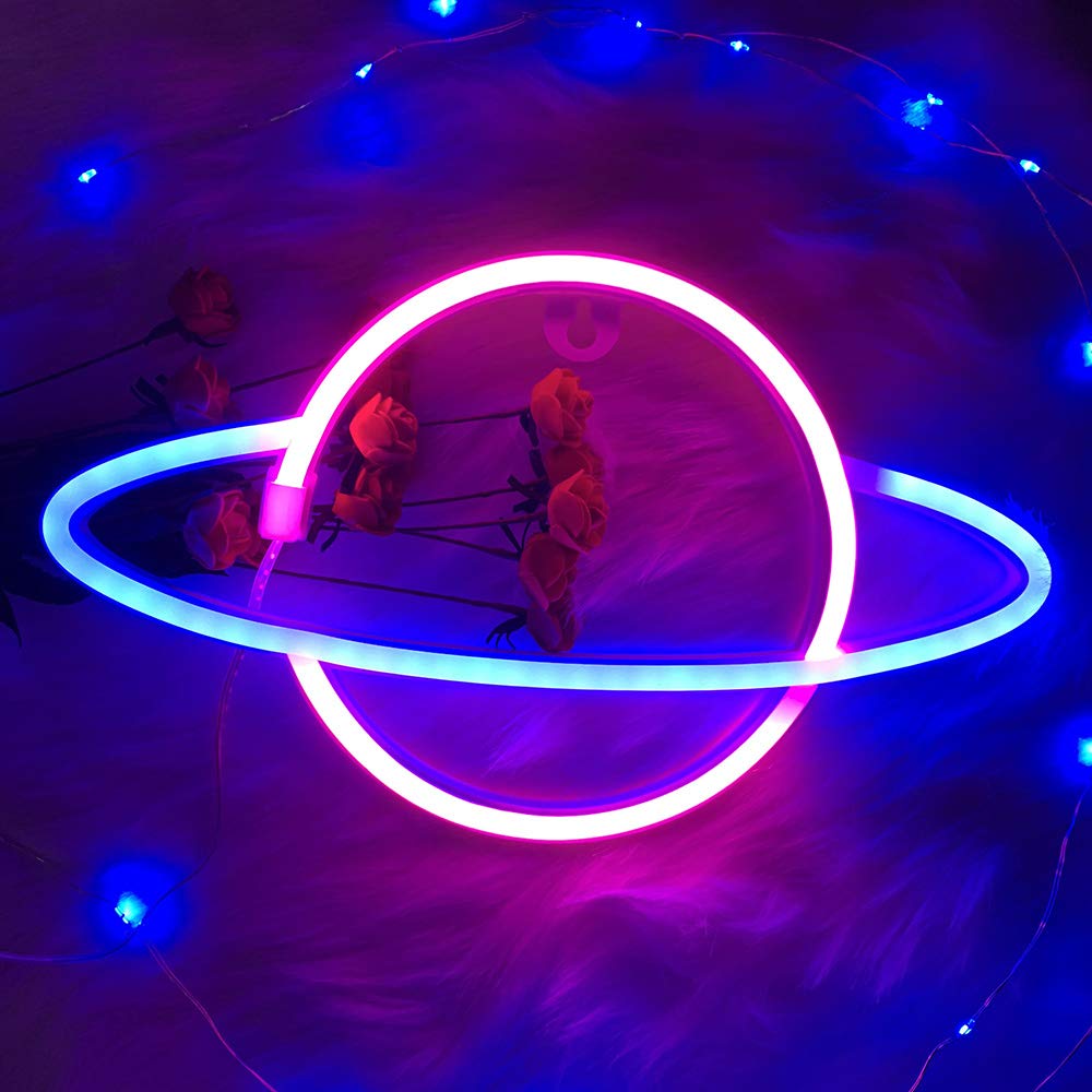 Blue Pink Color Galaxy Planet Neon Sign Light Glow in The Dark Ceiling Hanging Home Wall Party Decor,LED Hang Planets Neon Sign
