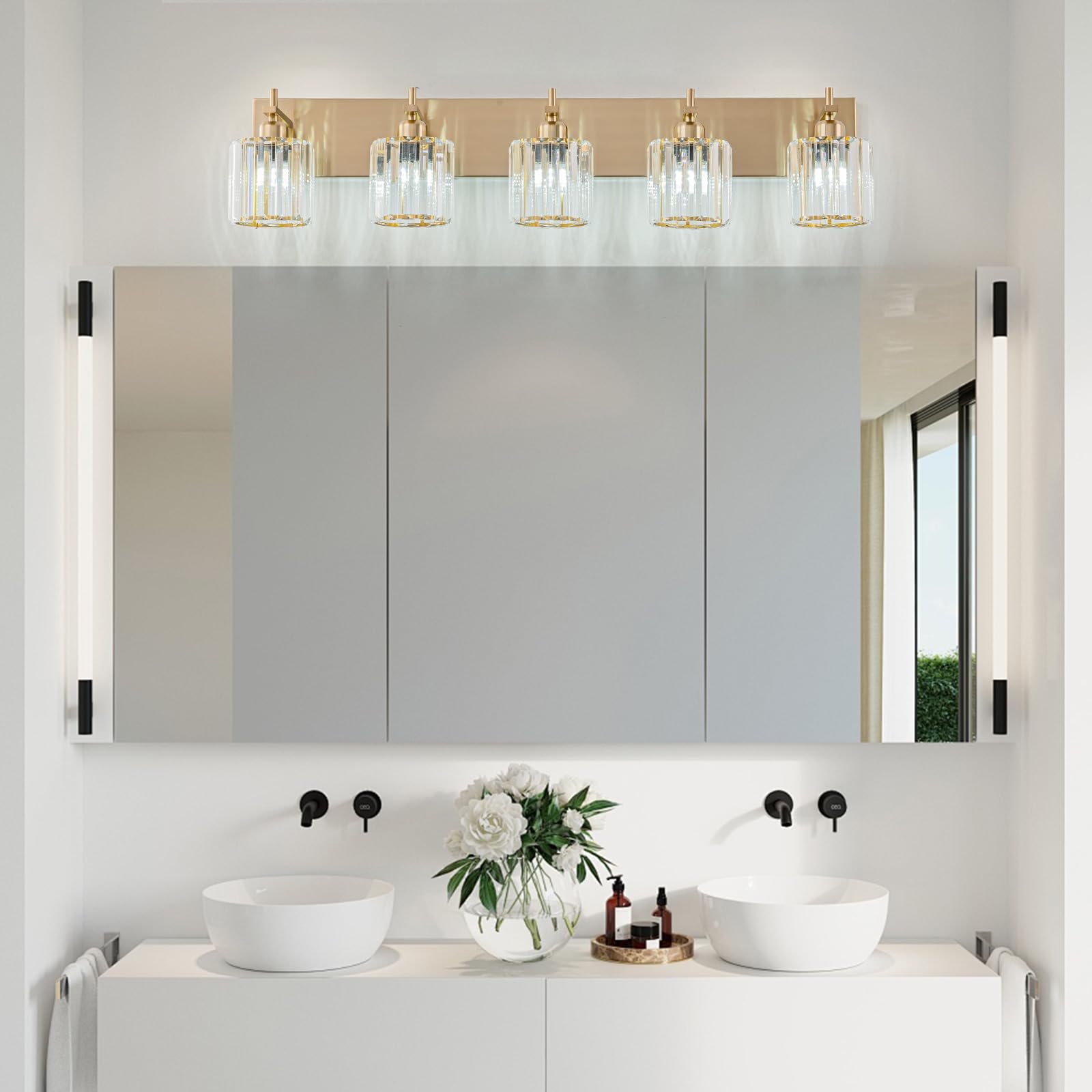 HUOKU 5-Light Modern Crystal Bathroom Vanity Lights, Gold Polished Brass Finish, Metal and Crystal, Over Mirror Lighting