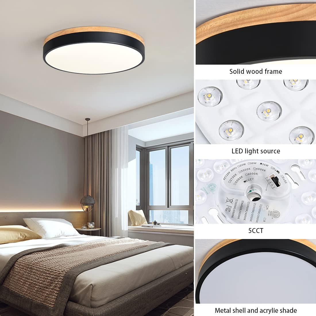 Goomavi Dimmable Black Flush Mount LED Ceiling Light, 15.74in Modern 2700K-6000K Fixture for Living Room, Dining Room, Bedroom, Kitchen
