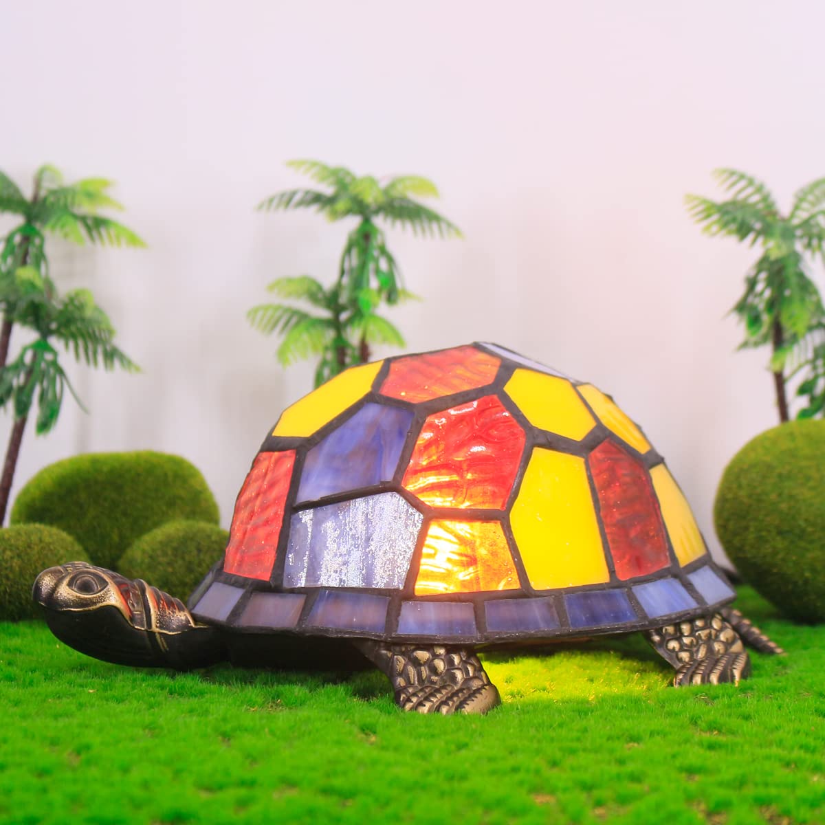 Zjart Tiffany Tortoise Lamp Small Stained Glass Turtle Desk Lamp 8X5X4 Inch Animal Antique Accent Table Light (Red Purple Turtle